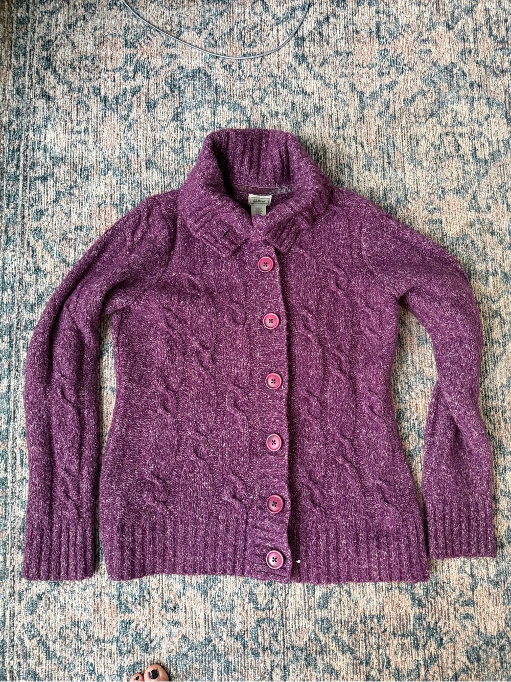 L.L. Bean Women's Cable Knit Button-Front Sweater Cardigan - Purple